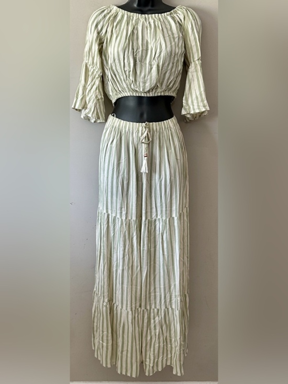 Salty Lemon Striped Two-Piece Boho Crop Top & Maxi Skirt Set - Sage Stripe small